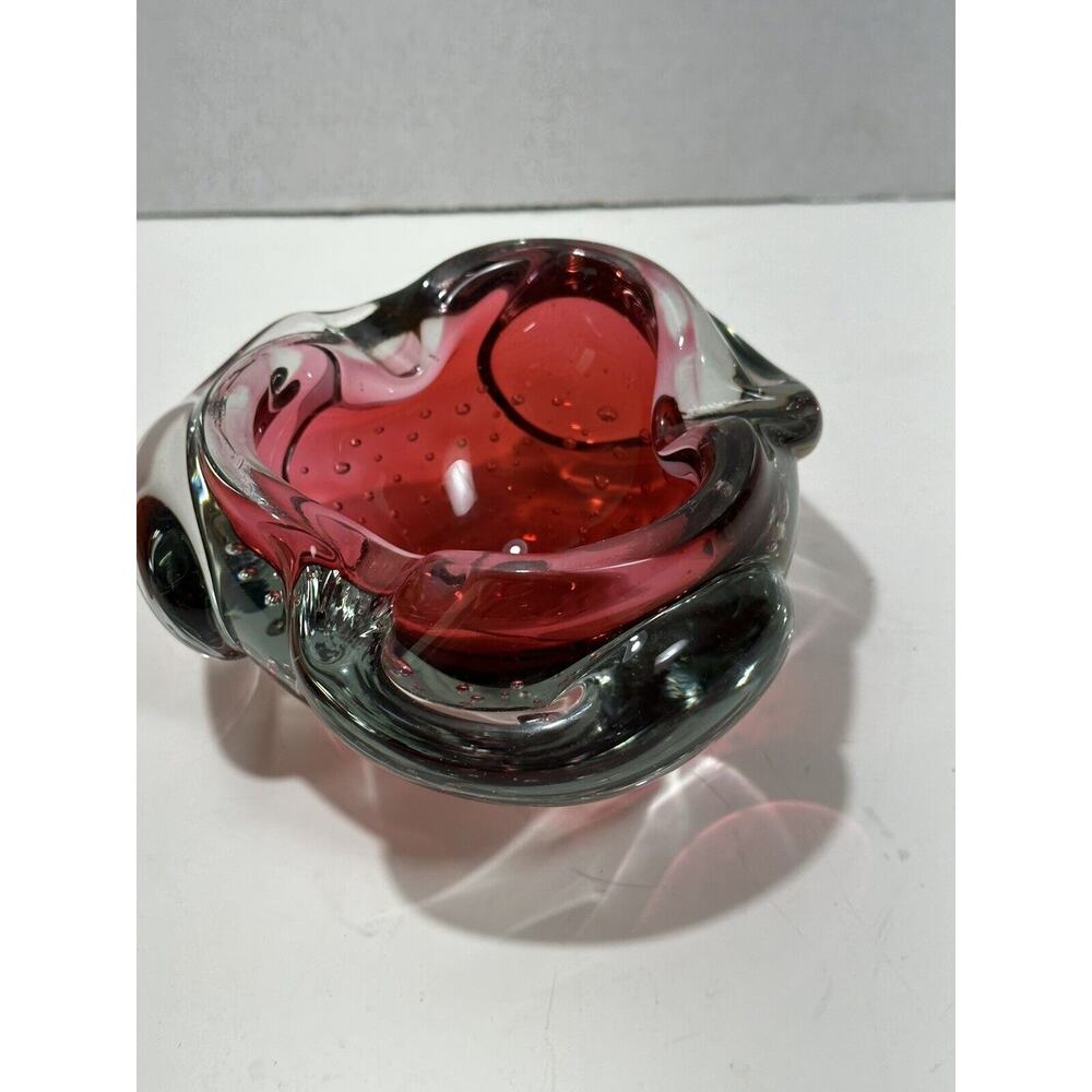 Gorgeous MURANO Art Glass Ashtray Bowl Bubbles Red Clear Ash Tray Dish Heavy